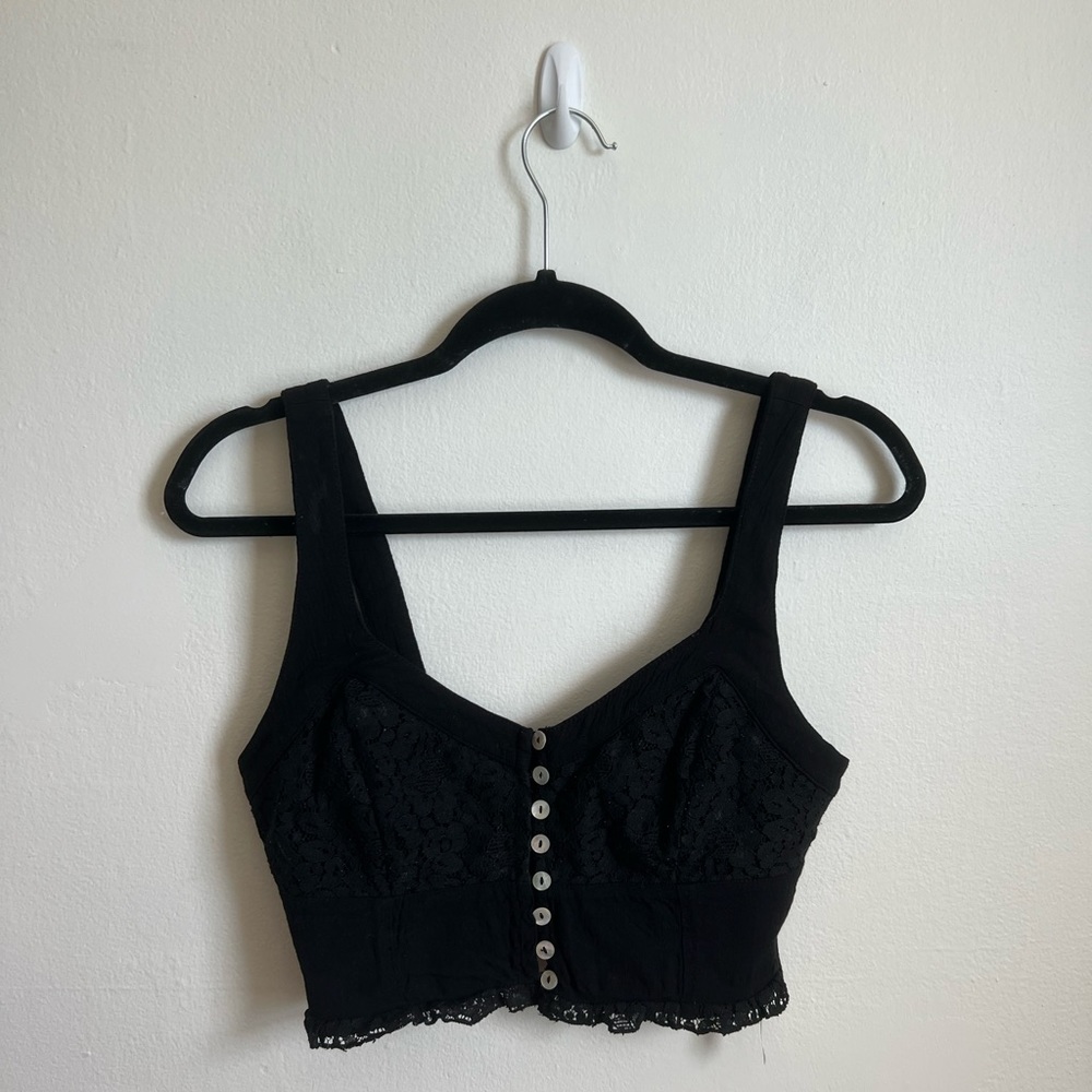 Free People Black Lace Button-Front Crop Top
